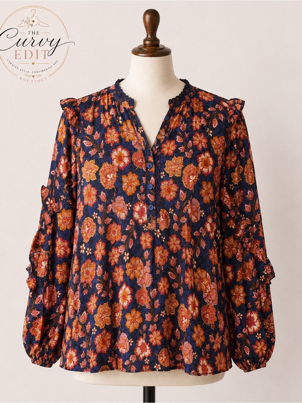 The Pioneer Woman L 12-14 Navy Floral Ruffle Sleeve Boho Peasant Blouse